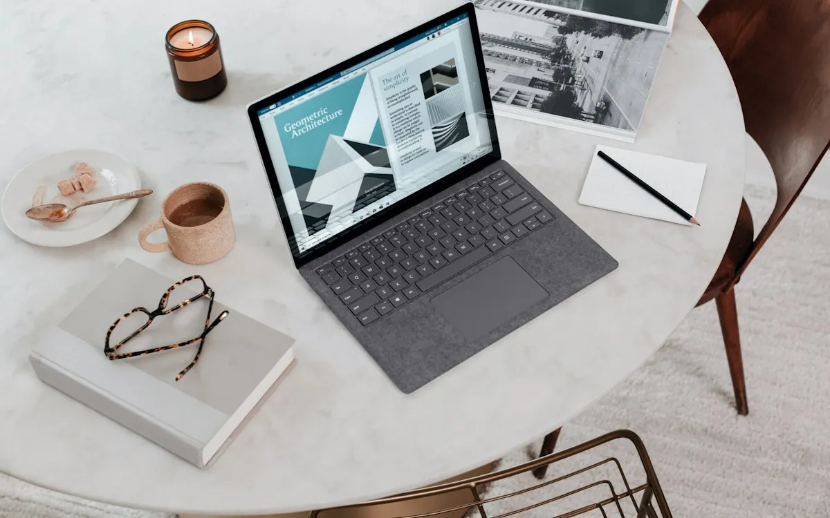 Laptop, coffee cup and notebook on a round marble table in a home workspace