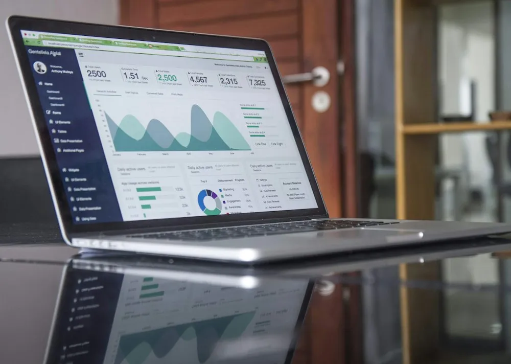 Laptop displaying a business analytics dashboard with charts